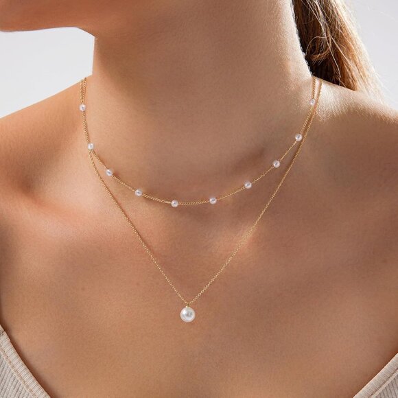 Layered Gold Chain Pearl Necklace Gold-Plated Women's with Imitation Pearls - Picture 2 of 6
